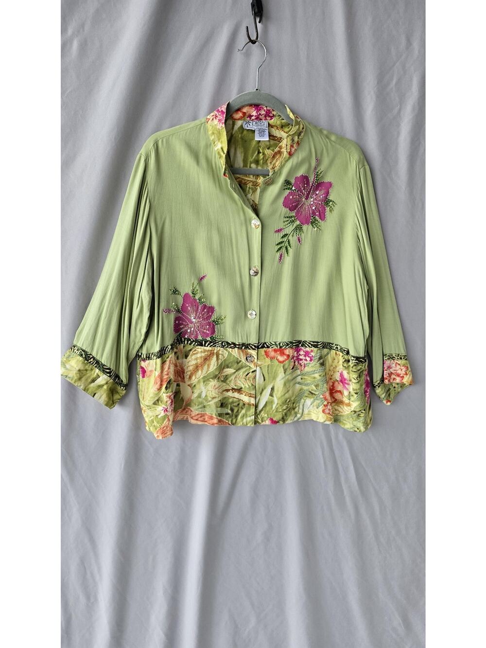 Faith Resortwear Blouse Womens XL Green Floral Sequin Embroidered Button Top